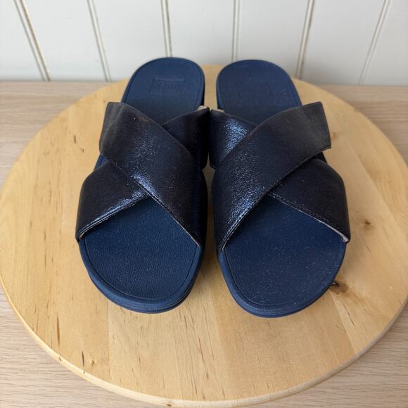 FitFlop NWOBox Womens Lulu Cross Glitz Slide Shoe Navy Blue Metallic 9M Comfort - Picture 2 of 14